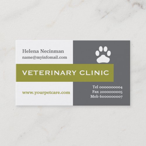 VetVeterinary Clinic paw olive green eye_catching Business Card