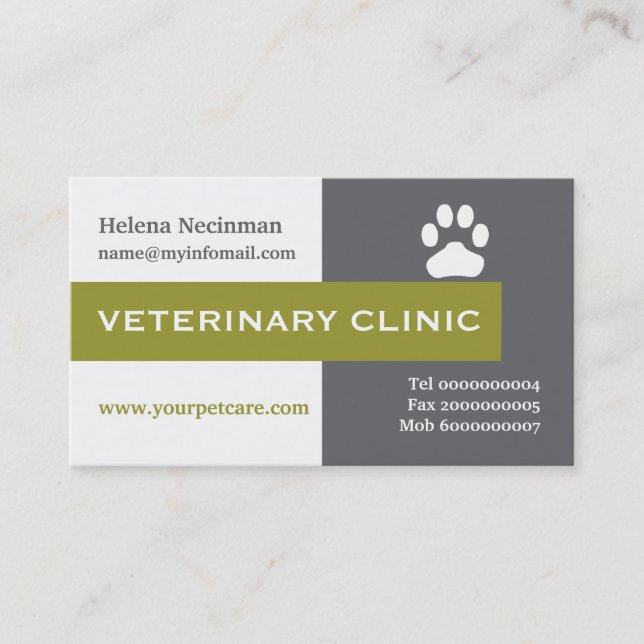 Vet/Veterinary Clinic paw olive green eye-catching Business Card (Front)