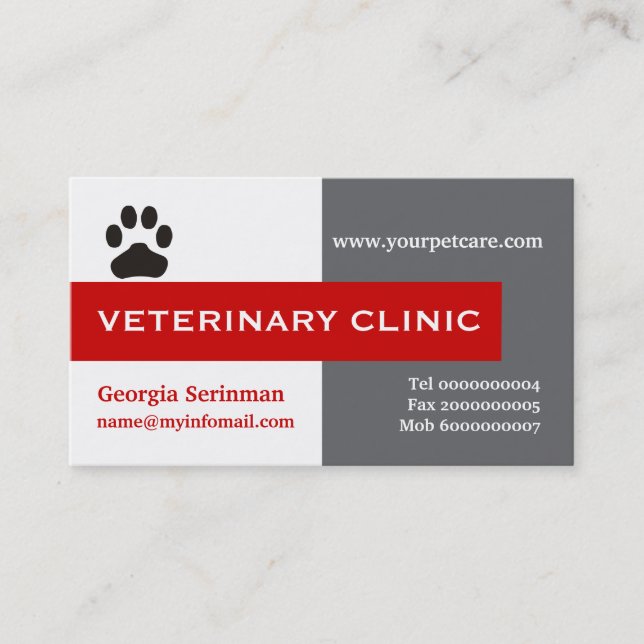 Vet/Veterinary Clinic, paw red eye-catching Business Card (Front)