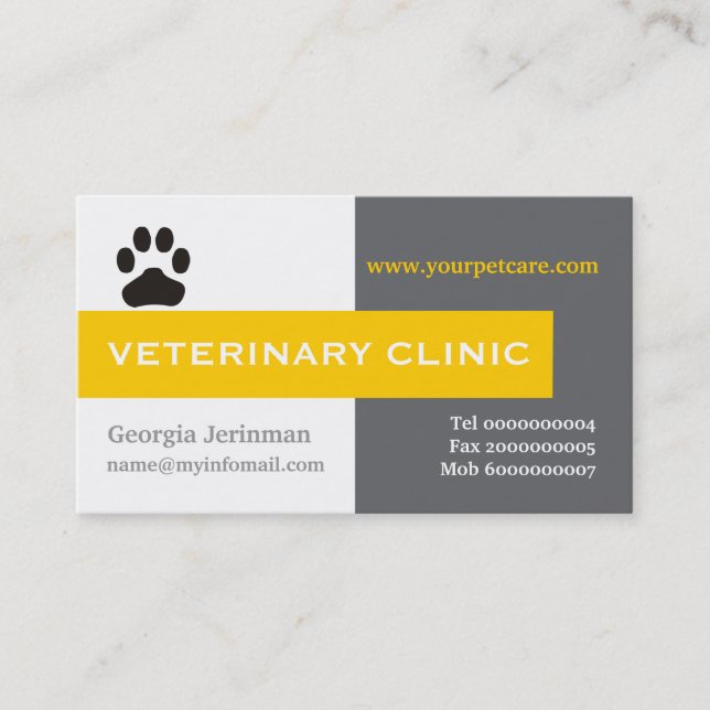 Vet/Veterinary Clinic, paw yellow eye-catching Business Card (Front)