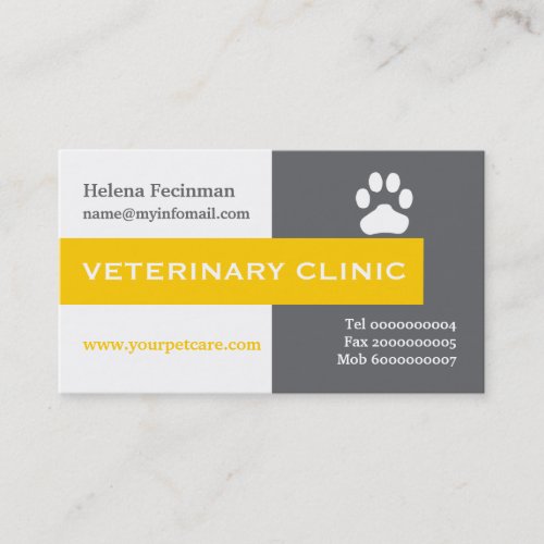 VetVeterinary Clinic paw yellow eye_catching Business Card