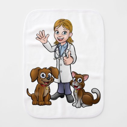 Vet with Pet Cat and Dog Cartoon Characters Baby Burp Cloth