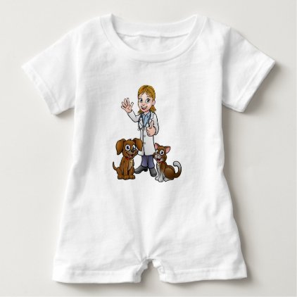 Vet with Pet Cat and Dog Cartoon Characters Baby Romper