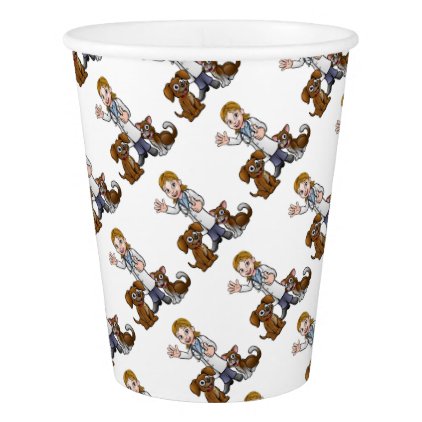 Vet with Pet Cat and Dog Cartoon Characters Paper Cup