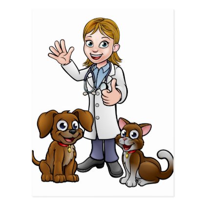 Vet with Pet Cat and Dog Cartoon Characters Postcard