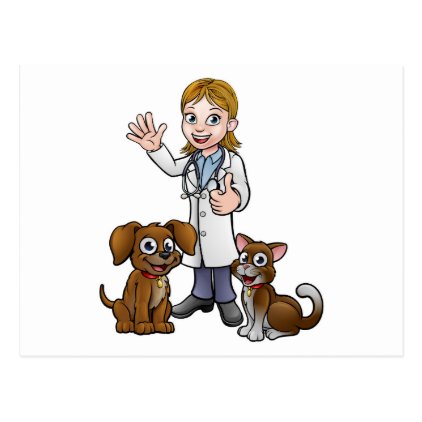 Vet with Pet Cat and Dog Cartoon Characters Postcard