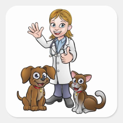 Vet with Pet Cat and Dog Cartoon Characters Square Sticker