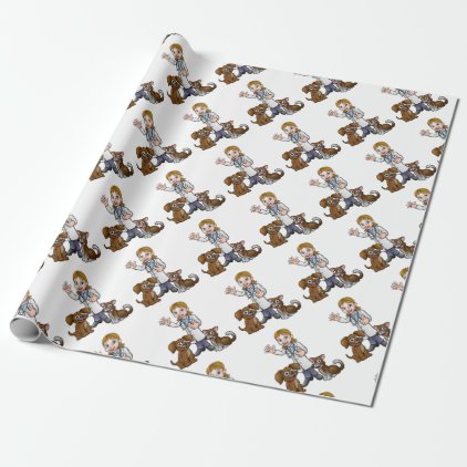 Vet with Pet Cat and Dog Cartoon Characters Wrapping Paper