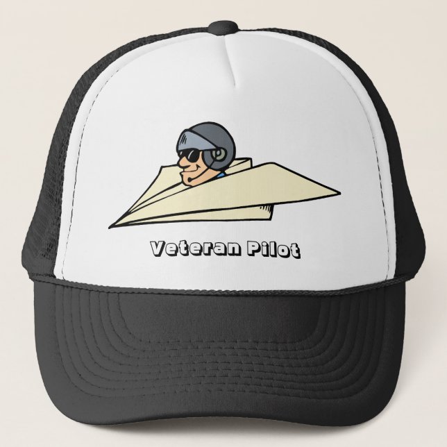 Veteran Pilot Paper Airplane Funny Cartoon Trucker Hat (Front)