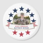 Veteran Service Photo Red White Blue Magnet<br><div class="desc">Honor your serviceman with this patriotic red white and blue three inch round magnets featuring a single centered circle photograph, a stars and stripes banner with a faux foil border and placeholders for your special service person's name and rank. Great gifts for parents and grandparents to put on their refrigerator!...</div>