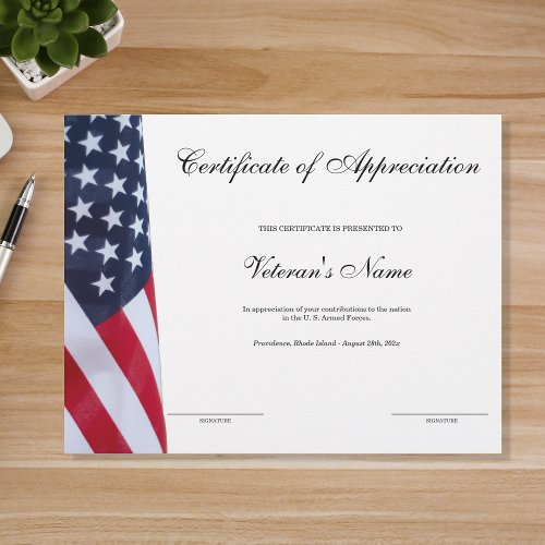 Veterans Certificate of Appreciation 