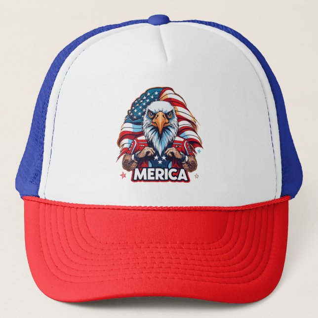 Veterans Day American Flag Merica Patriotic Eagle Trucker Hat (Front)