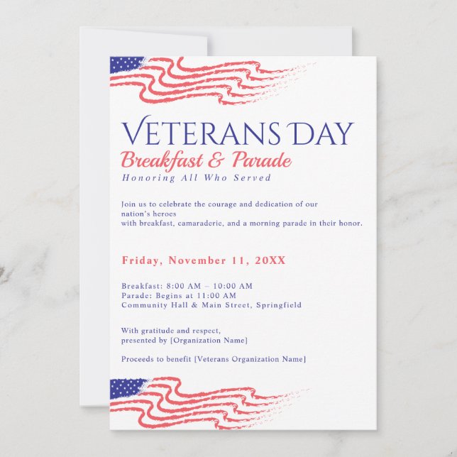 Veterans Day Breakfast Patriotic Parade Fundraiser Invitation (Front)