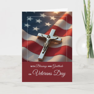 Veterans Day Catholic Blessings Crucifix on Flag Card