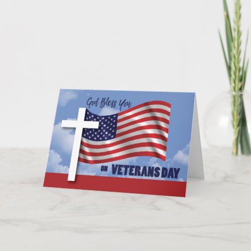 Veterans Day Religious White Cross American Flag Card