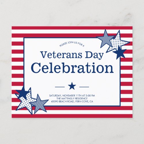 Veterans Day Stars Stripes Modern Patriotic Party  Invitation Postcard