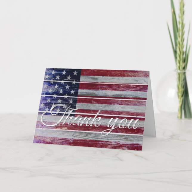 Veteran's Day Thank You, American Flag on Distress Thank You Card (Front)