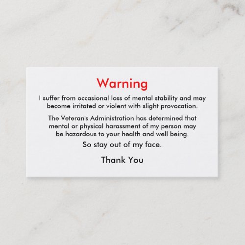 Veterans Warning Calling Card