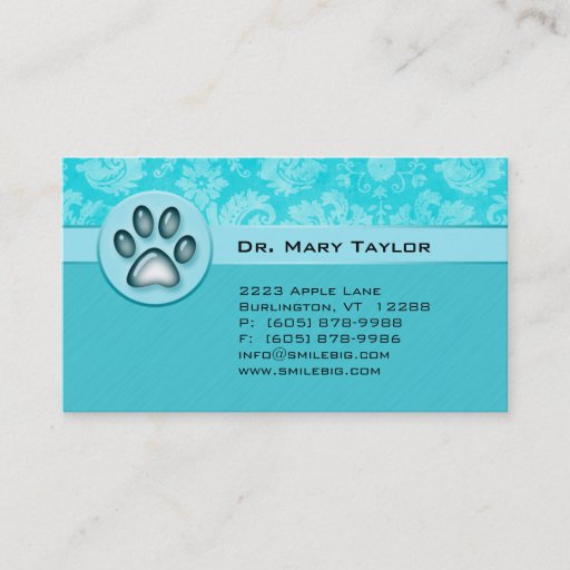 Customizable Veterinarian Business Card Damask Blue paws