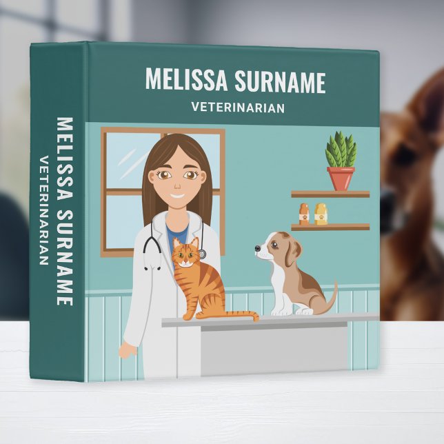 Veterinarian Clinic Vet Doctor Woman Custom Name 3 Ring Binder (Creator Uploaded)