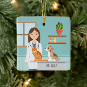 Veterinarian Clinic Vet Woman With Cat And Puppy Ceramic Ornament