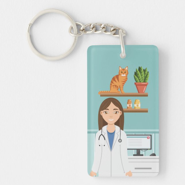 Veterinarian Clinic Vet Woman With Orange Cat Keychain (Front)