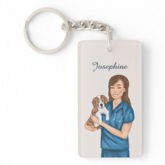 Veterinarian Doctor Vet Holding Puppy Custom Name Keychain