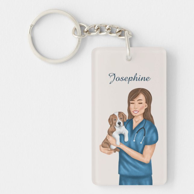 Veterinarian Doctor Vet Holding Puppy Custom Name Keychain (Front)