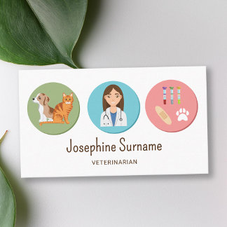 Veterinarian Girl And Pets With Vet Stuff Colorful Business Card