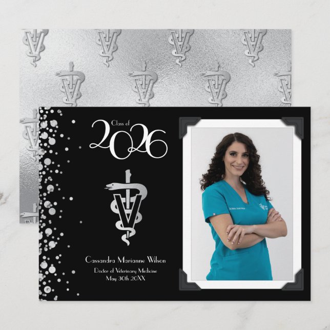 Veterinarian Graduation Black Silver Announcement (Front/Back)