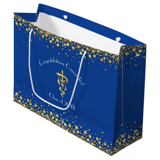 Veterinarian Graduation Blue Gold Large Gift Bag (Front Angled)