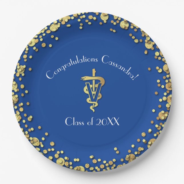 Veterinarian Graduation Blue Gold Paper Plates (Front)