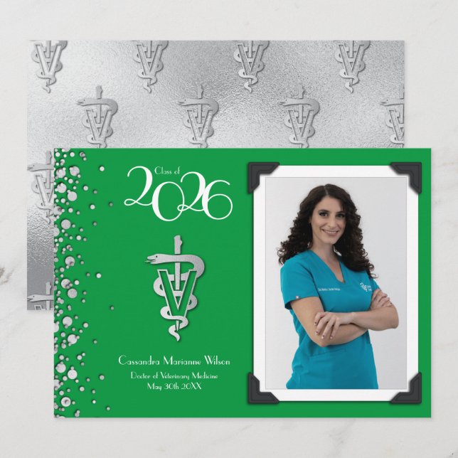Veterinarian Graduation Green Silver Announcement (Front/Back)