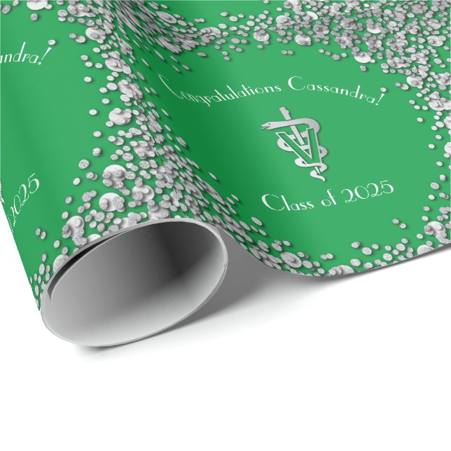Veterinarian Graduation Green Silver Wrapping Paper (Roll Corner)