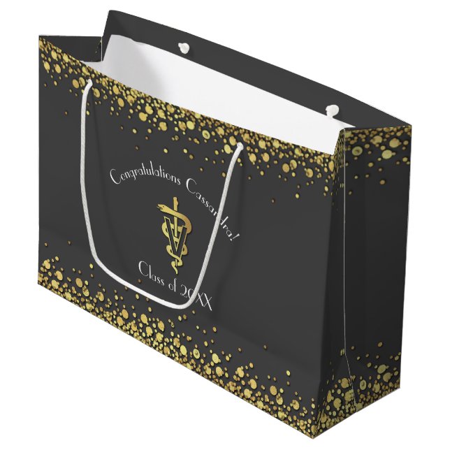 Veterinarian Graduation Grey Gold Large Gift Bag (Front Angled)