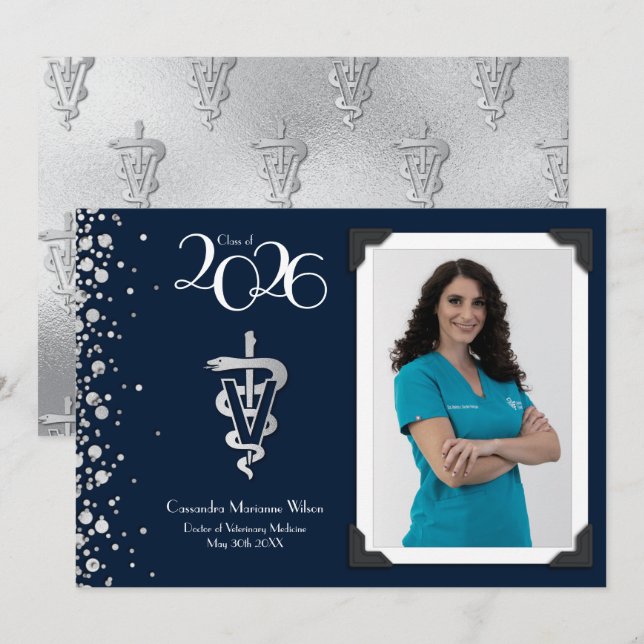 Veterinarian Graduation Navy Blue Silver Invitation (Front/Back)