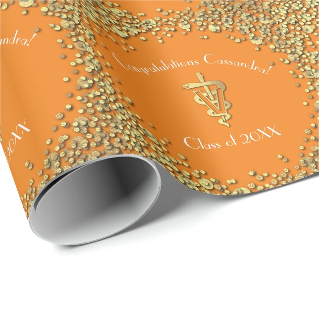Veterinarian Graduation Orange Gold  Wrapping Paper (Roll Corner)