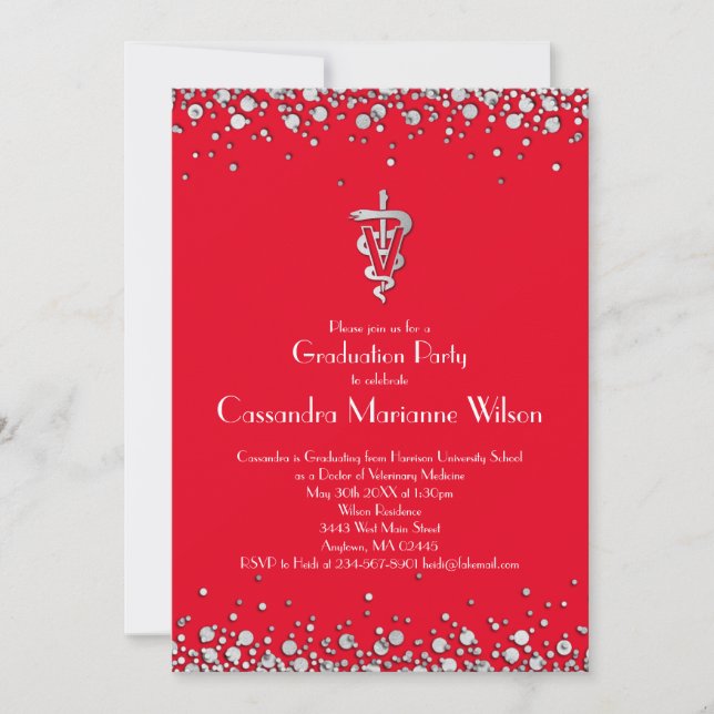 Veterinarian Graduation Red Silver Invitation (Front)