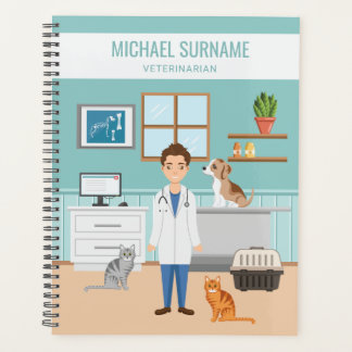 Veterinarian In Vet Clinic Room With Dog And Cats Planner