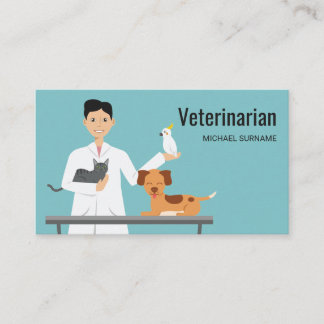 Veterinarian Man On Blue With Animals Illustration Business Card