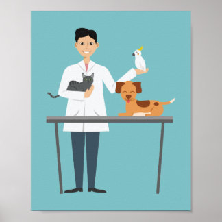 Veterinarian Man On Blue With Animals Illustration Poster