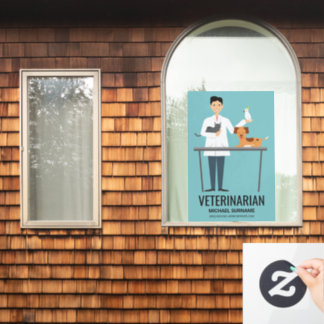 Veterinarian Man On Blue With Cute Animals &amp; Text Window Cling