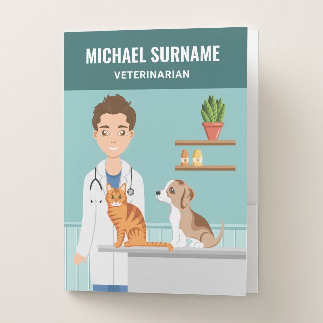 Veterinarian Man Vet Clinic Animal Doctor Blue Pocket Folder (Front)