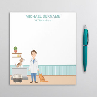 Veterinarian Man Vet Clinic With Pet Cat And Dog Notepad