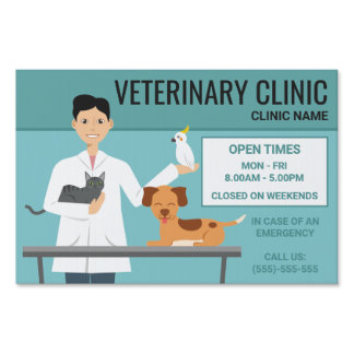 Veterinarian Man With Animals - Clinic Open Times Sign