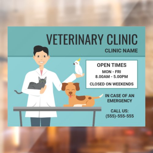 Veterinarian Man With Animals _ Clinic Open Times Window Cling