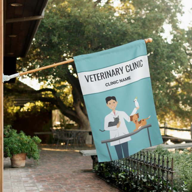 Veterinarian Man With Animals & Custom Text House Flag (In SItu)