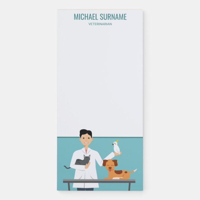 Veterinarian Man With Animals & Custom Text Magnetic Notepad (Front)