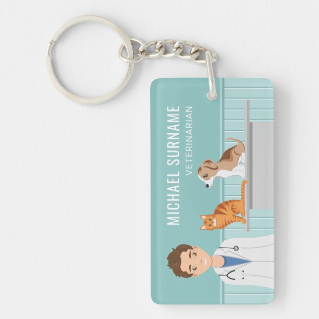 Veterinarian Man With Cat And Puppy Custom Name Keychain (Front)