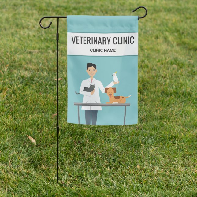 Veterinarian Man With Cute Animals & Text Garden Flag (In SItu)